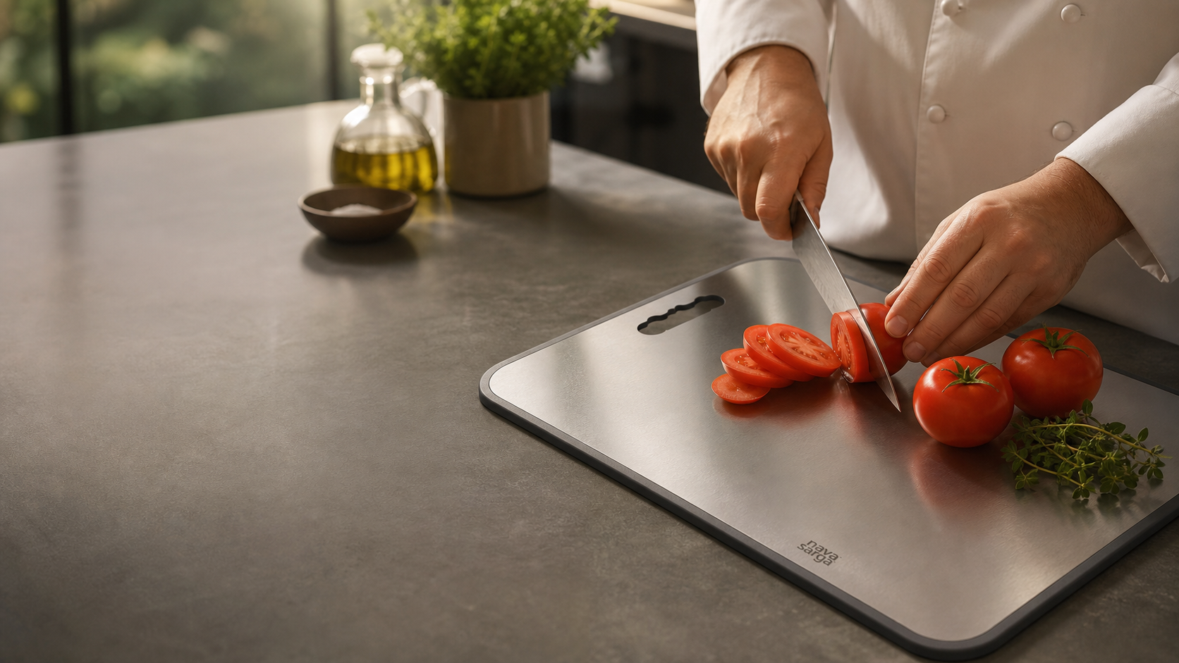 NavaSarga titanium cutting board in a modern kitchen